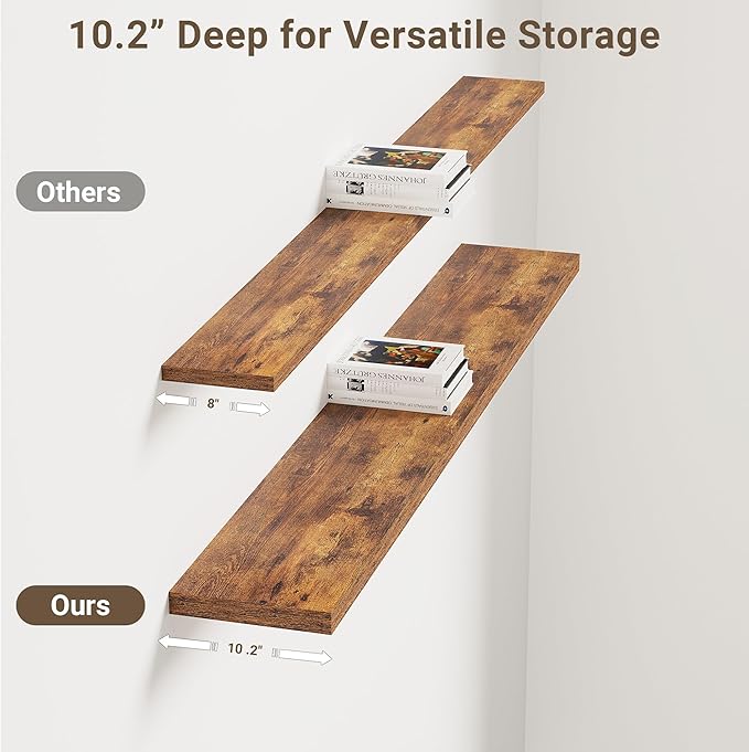 Vivelove 10 Inch Deep Floating Shelves 55 inch Long, 55 x 10 Wide Wall Shelves with Invisible Brackets, for Bedroom Bathroom Living Room Kitchen Office, Farmhouse Home Decor, Set of 2, Rustic Brown