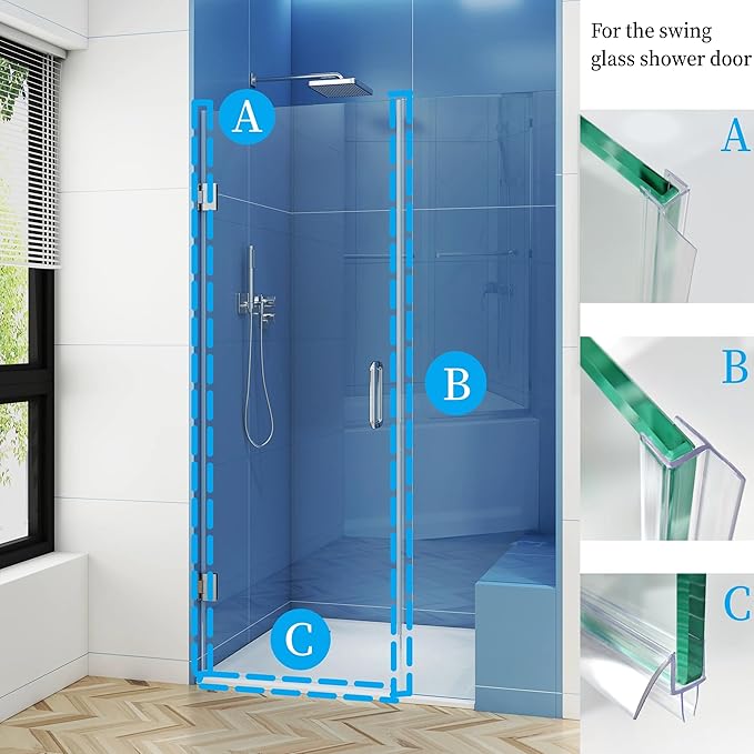 Shower Door Seal Strip Kit 3 Packs, 2 PCS 76" Shower Door Side Seals and 1 PC 36" Shower Door Sweep Bottom Seal for 1/2" (12mm) Thick Glass Shower Door Polycarbonate