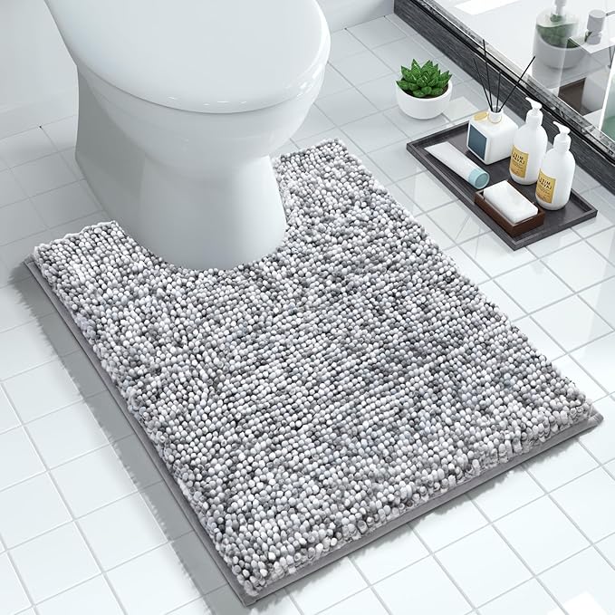 Yimobra Luxury Chenille U-Shaped Toilet Rug, Super Soft Shaggy Contour Bath Mat for Bathroom Floor, Fluffy, Water Absorbent, Non Slip, Machine Washable, Dry Quickly, 24''x 20'', Light Grey & Dark Grey