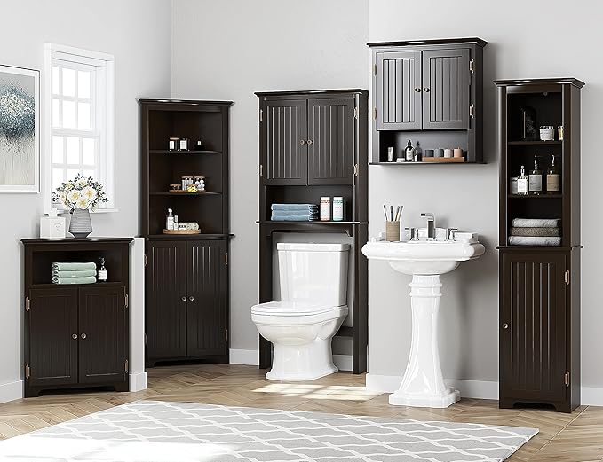 UTEX Bathroom Storage Over The Toilet, Above Toilet Storage Cabinet Organizer with Adjustable Shelves and Double Doors, Espresso