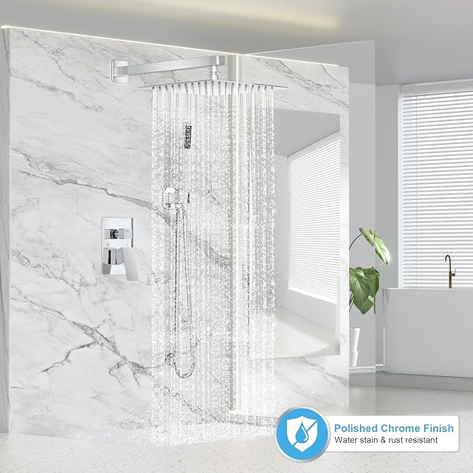 Shower Faucet Set Bathroom Square Rain Shower Head and Handle Set, Wall Mounted Shower Fixtures, Full Metal Trim Repair Kit 10 inch Polished Chrome (With Shower Valve)