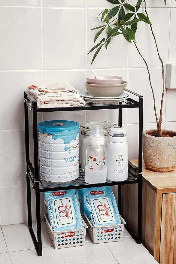 2pk Kitchen Cabinet Shelf Counter Organizer Rack Pantry Storage Bathroom Bedroom Office Table Desk Space Saving Steel Frame Stackable Rust Resistant Non Slip Black-Tall-L13in W8.3in H9.5in