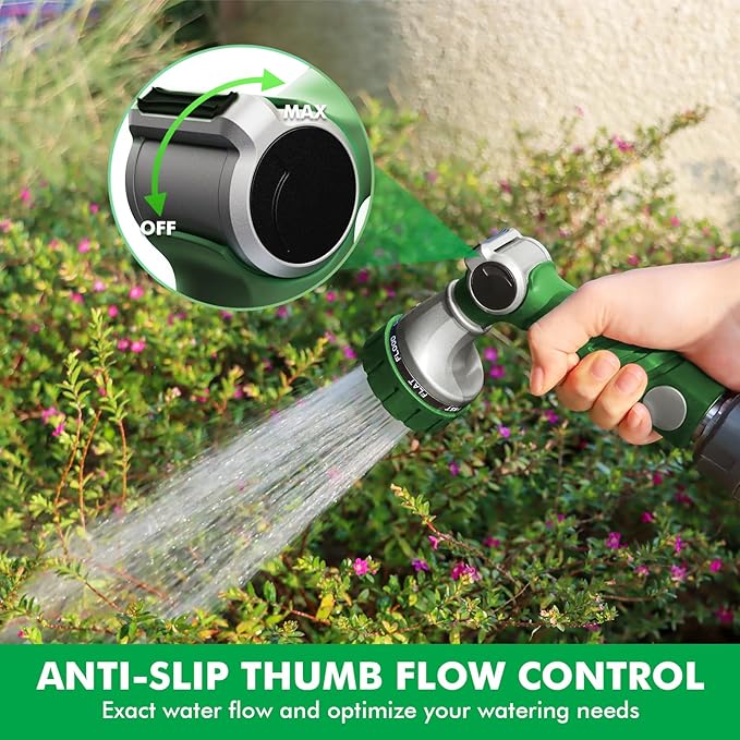 RESTMO Heavy Duty Hose Nozzle, Metal Garden Water Hose Sprayer with 7 Watering Patterns, Thumb Control, On Off Valve, High Pressure Nozzle Sprayer for Watering Plants, Car and Pet Washing, Green