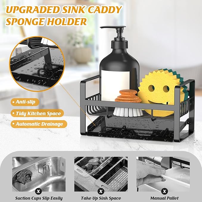 Sponge Holder for Kitchen Sink,Stainless Steel Kitchen Sink Organizer with Auto Draining Tray,Kitchen Countertop Soap Dispenser Organizer,Black