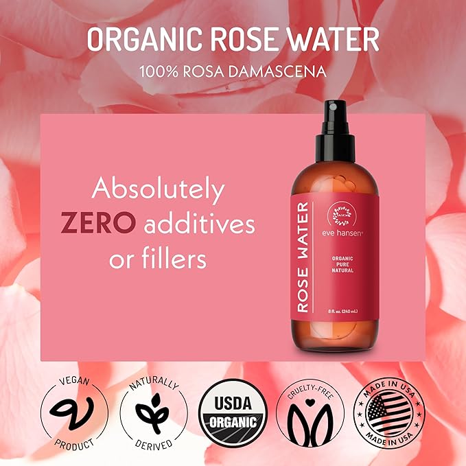 Eve Hansen Organic Rose Water Spray for Face | Huge 8 oz Moroccan Rosewater Face Toner and Makeup Setting Spray | Soothing Neck and Face Mist to Reduce Eye Puffiness, Dark Circles and Redness