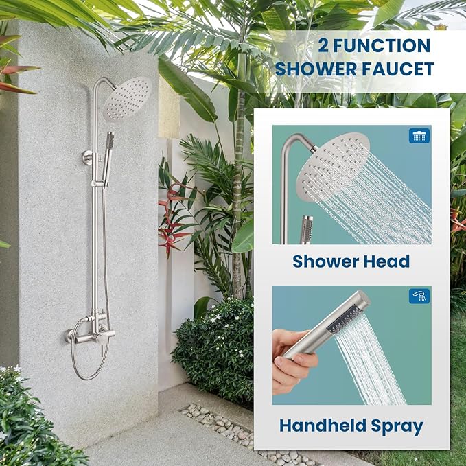 gotonovo SUS304 Outdoor Shower Fixture High Pressure Shower System Wall Mount 2 Dual Function Single Handle Shower Kit with 8 Inch Shower Head and Handheld Spray Shower Faucet Combo, Brushed Nickel