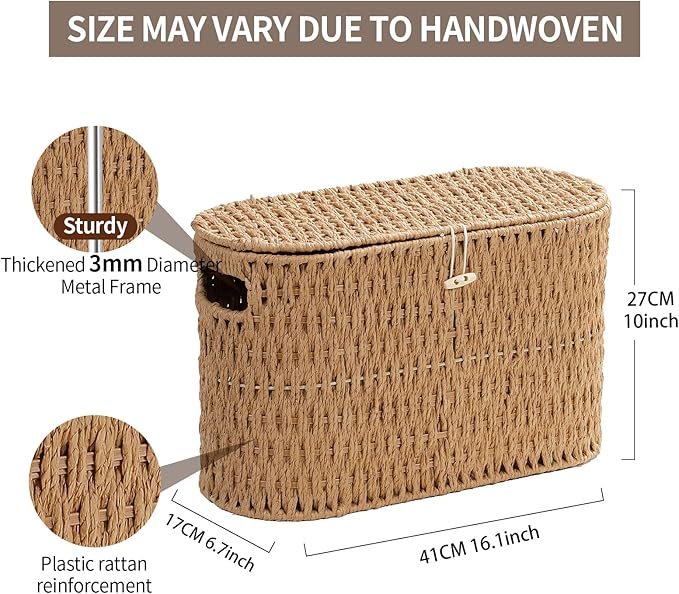 Toilet Paper Basket with Lid,Paper Rope Decor Basket for Bathroom Organizers and Storage,Holds Up to 6 Mega Rolls,Decorative Hand-Woven Bathroom Bedroom Living Room Decor