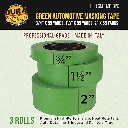 Dura-Gold Green Automotive Masking Tape 3/4, 1-1/2, 2 Inch (0.7", 1.41", 1.88" x 55 Yards), 1 Roll Each - High-Performance, Heat Resistant - Auto Refinish Painting Car Detailing Autobody Painters Tape