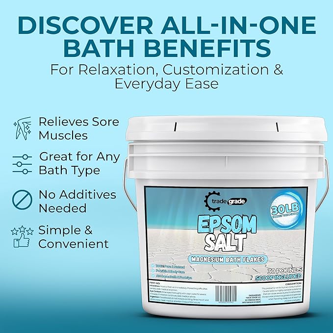 Epsom Salt Bath Soak 30 lb Bucket – Unscented, Pure Epsom Salt Bulk Crystals, Magnesium Sulfate for Full Body or Foot Soaks, Resealable Container with Scoop for Home Bath Use