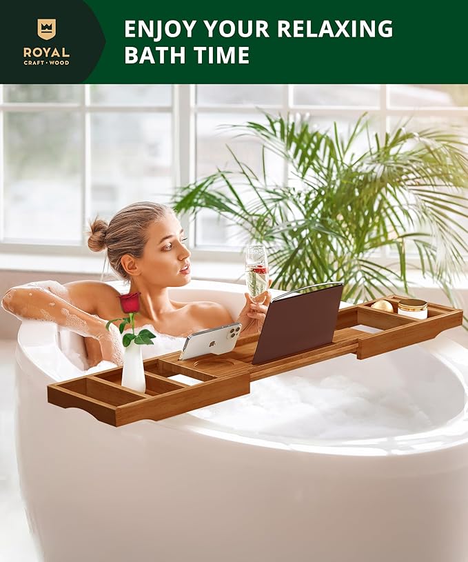 ROYAL CRAFT WOOD Premium Foldable Bathtub Tray - Wood Bath Tray for Tub, Bamboo Shelf, Expandable Bath Table Trays, Bathtub & Bathroom Accessories for New Home Gifts for Mom