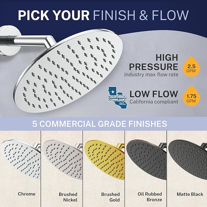 HammerHead Showers Solid Metal Round 8 Inch Rainfall Shower Head, High Flow Shower Head Optimized for Pressure, Brushed Gold, 2.5 GPM