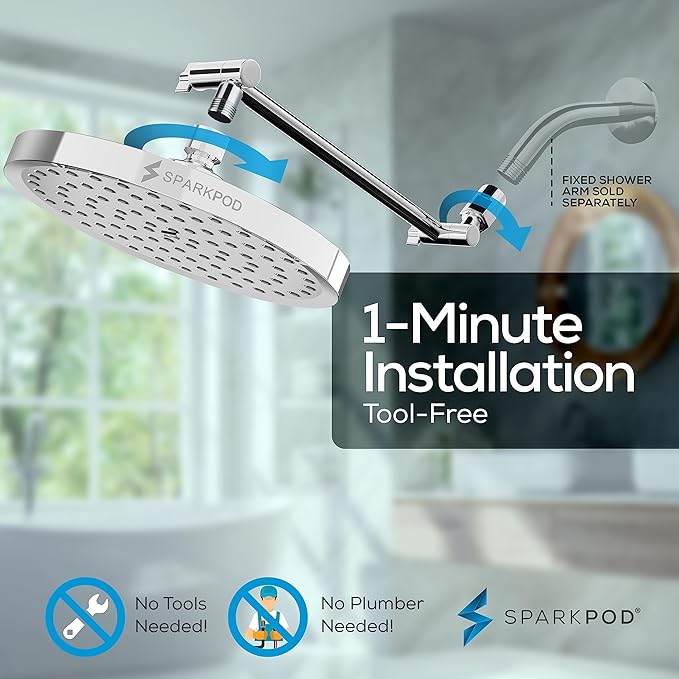 SparkPod Round Rain Shower Head with Shower Head Extension Arm - High Pressure Rain - Luxury Modern Look - No Hassle Tool-less 1-Min Installation (11" Shower Arm Extension, Luxury Polished Chrome)