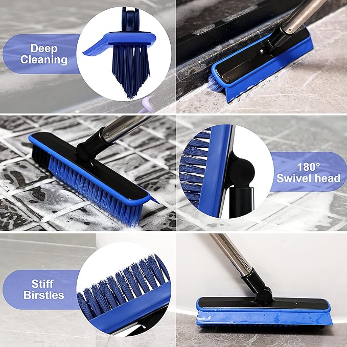 2 in 1 Floor Scrub Brush Grout Brush with 57.8" Long Handle,120°Rotatable Shower Tile Grout Scrubber,V-Shaped Corner Brush for Hard to Reach Areas (Blue)