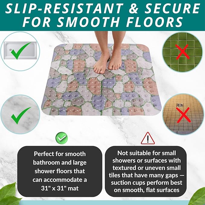 ENKOSI Extra Large Square Non Slip Shower Mat - 31 x 31-inch XL Bathroom Shower Mat - Square Shower Mats for Shower Stall Floors | Secure Suction Cups and Drain Holes (31x31 Stone Path)