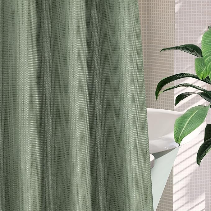 MitoVilla Sage Green Waffle Long Shower Curtain Liner Set 72 x 80, No Hooks Required 80 inch Long Fabric Cloth Shower Curtain Set with Cloth Snap-in Liner for Modern Hotel Bathroom Decor
