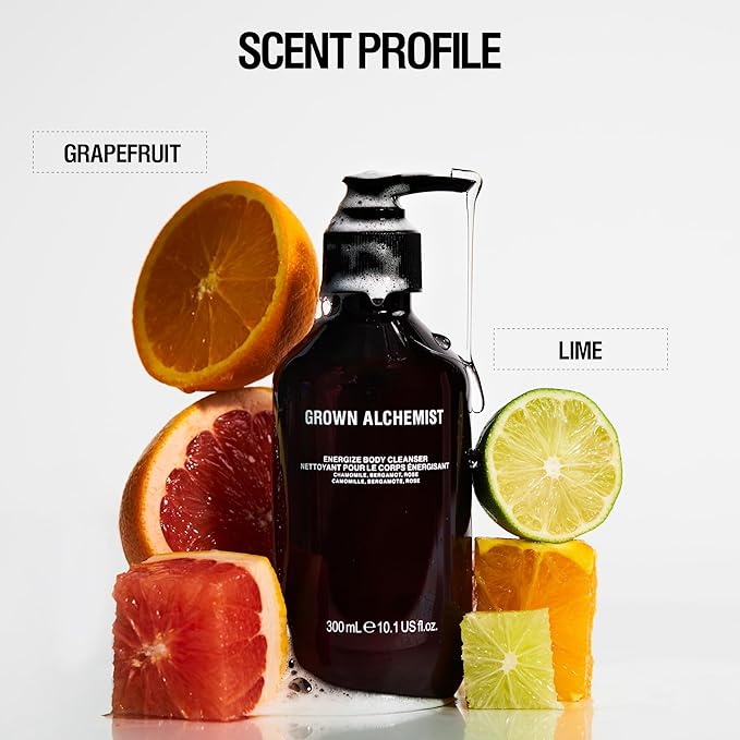 Grown Alchemist Energize Body Cleanser, Chamomile, Bergamot & Rose Gentle Bodywash. Hydrates and Cleanses Skin (300 ml).