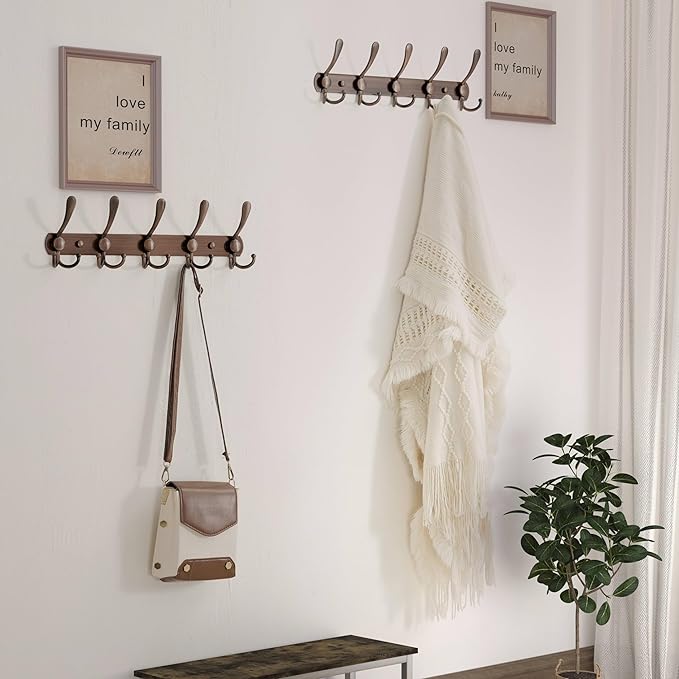 Dseap Wall Mounted Coat Rack - 5 Tri Hooks, Heavy Duty, Stainless Steel, Metal Coat Hook Rail for Coat Hat Towel Purse Robes Mudroom Bathroom Entryway (Antique Copper, 2 Packs)