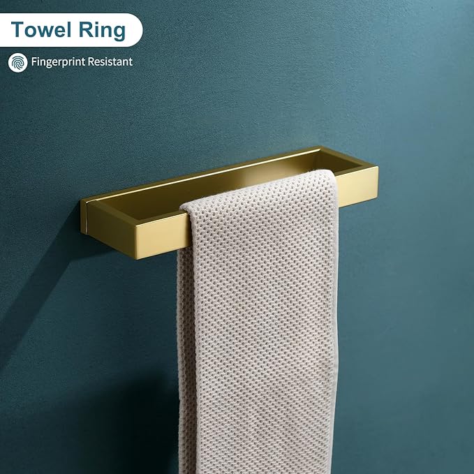 TNOMS 4-Piece Modern Gold Bathroom Hardware Accessories Set - Towel Bar & Holder, Stainless Steel, Wall Mounted, 23.6 Inch