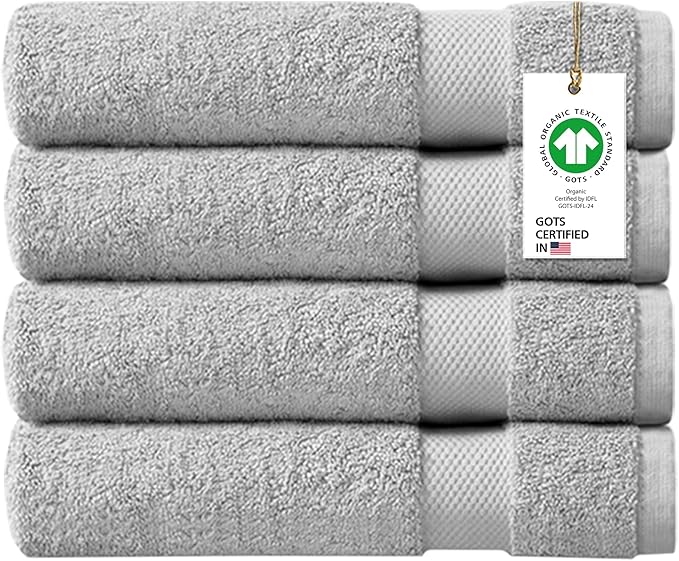 Delara 100% Organic Cotton Towels 650 GSM Plush Feather Touch Quick Dry Bath Towel, Pack of 4 GOTS Certified, Oeko-Tex Green Certified, Organic Cotton Bath Towel, 30"X58"
