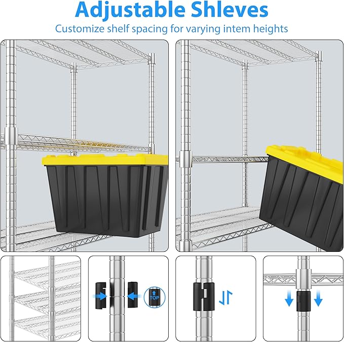 Homdox 4-Tier Heavy Duty Metal Shelves with Wheels - 2400LBS Commercial Adjustable Shelves for Garage, Pantry, Kitchen - 24"x60"x72", Chrome