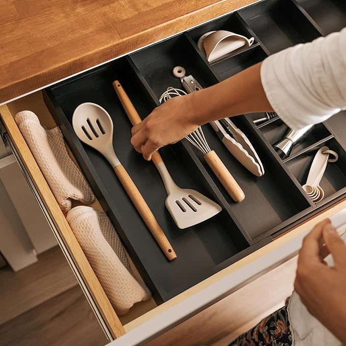 KitchenEdge Adjustable Kitchen Drawer Organizer for Utensils and Junk, Food-Safe Contract Grade with 100% Sustainable Wood, Expandable from 16 to 28 Inches Wide - Black Bamboo