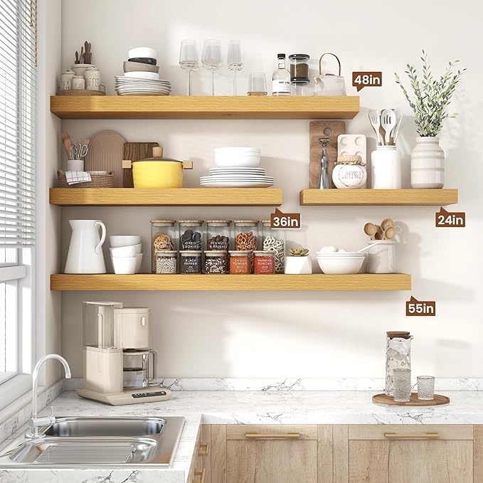 Heimlove 24 inch Floating Shelves for Wall,9.3 inch deep Bathroom Over Toilet Shelf,Wall Mounted Rustic Wood Shelves for,Bedroom,Living Room,Kitchen,Office Decor Set of 2-Oak Color