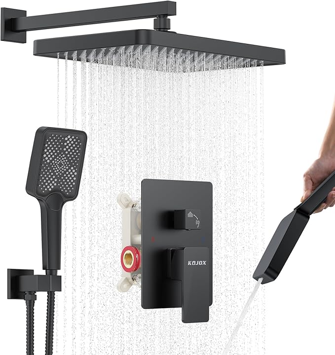 Matte Black 13-Inch Rainfall Shower System - Premium Shower Head & Handheld Sprayer, Complete Bathroom Set with Faucet Mixer Trim Kit & Valve