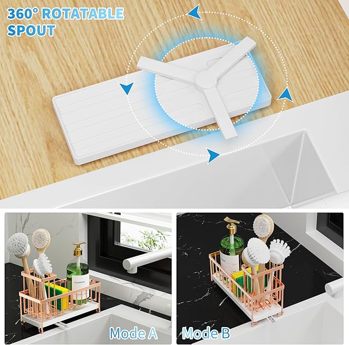Cisily Rose Gold Sponge Holder for Kitchen Sink, Sink Caddy Organizer with High Brush Holder, Kitchen Countertop Organizers and Storage Essentials, Rustproof 304 Stainless Steel, Soap Dispenser