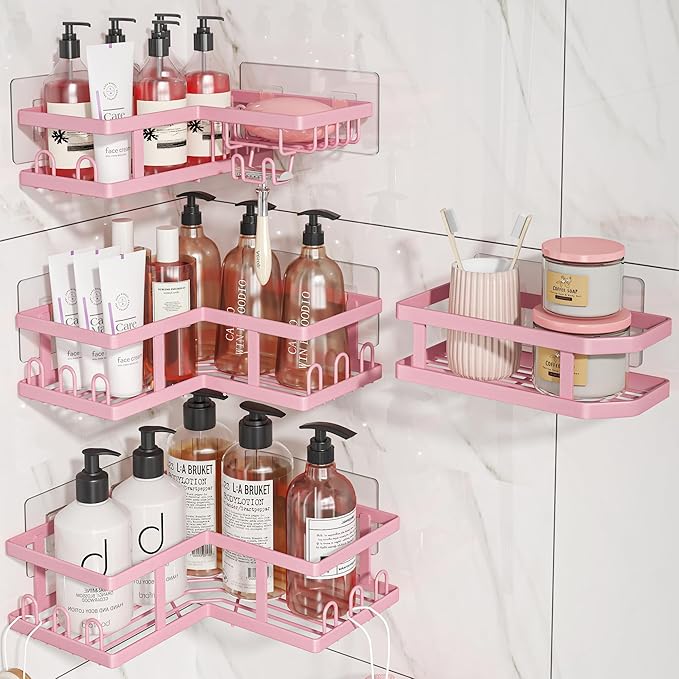 4-Pack Adhesive Corner Shower Caddy with Soap Holder, No Drilling Wall Mounted Shower Shelves-Rustproof, Organizer for Bathroom, Kitchen & Home Decor. Pink