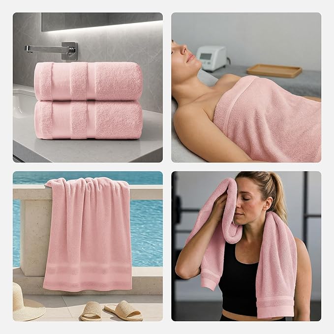 REDKISS 100% Cotton Bath Towels Set of 2, Extra Large Bath Sheets 35 X 70 Inches, 800 GSM, Quick Dry, Ultra Soft & Super Absorbent Bathroom Towel Sets for Bathroom, Gym, Spa, Pool & Hotel, Pink