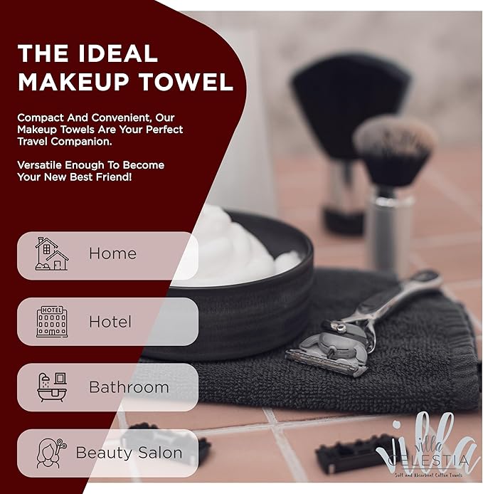 Black Makeup Remover Towels Set of 4, 100% Soft Cotton Reusable Luxury 4 Pcs Makeup Wipes for Face, Ideal for Salon, Bath, Hotel, Spa, Washcloths for Face Pack of 4 (12"X12")