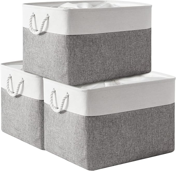 TheWarmHome Storage Bins Baskets for Organizing, 20.5L×15.7W×13.8H 3 Pack Sturdy Fabric Storage Basket W/Handles, Decorative Foldable Storage Baskets for Shelves Closet Nursery Toy (White & Grey)