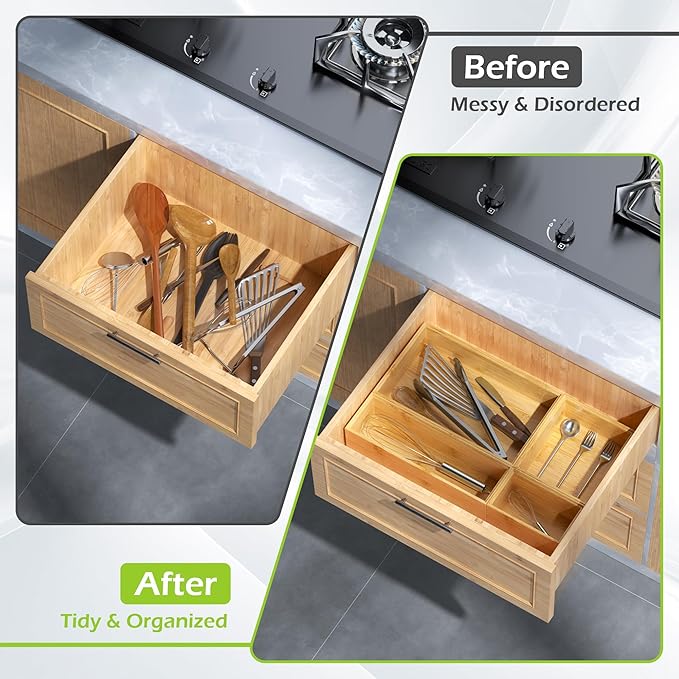 Bathroom Drawer Organizer Trays, Bamboo Silverware Drawer Organizer Kitchen Utensils, 8 PCS Wood Box Stackable Bins for Makeup, Office Desk, Vanity, Junk Drawer