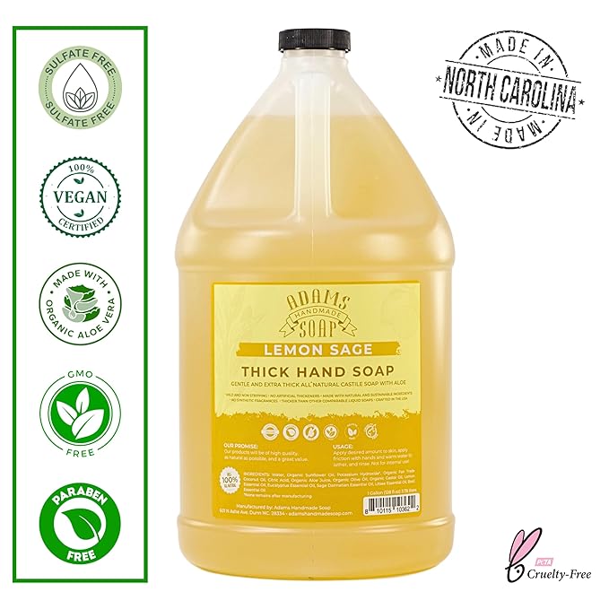 Adams Handmade Soap Thick Organic Castile Liquid Hand Soap 1 Gallon Refill - Lemon Sage