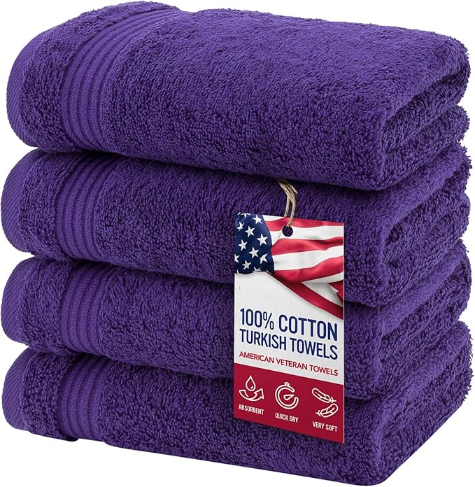 American Veteran Towel, Hand Towels for Bathroom Set of 4, 100% Cotton Turkish Hand Towel Sets, Soft Hand Face Towels, Purple Hand Towels