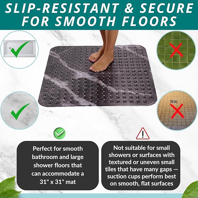 ENKOSI Extra Large Square Non Slip Shower Mat - 31 x 31-inch XL Bathroom Shower Mat - Square Shower Matts for Shower Stall Floors | Secure Suction Cups and Drain Holes (31x31 Marble Black)