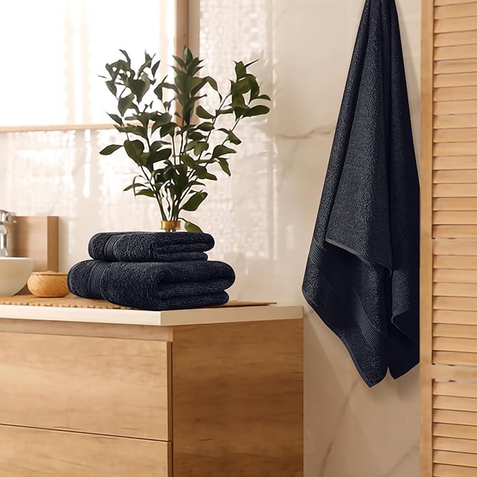 Belizzi Home Ultra Soft 3 Pack Cotton Towel Set, Contains a Bath Towel 28x55 inch, a Hand Towel 16x24 inch & a Wash Coth 12x12 inch, Ideal Everyday use, Compact & Lightweight - Black