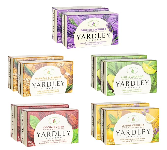 Yardley London Soap Bath Bar Bundle - 10 Bars: English Lavender, Oatmeal and Almond, Aloe and Avocado, Cocoa Butter, Lemon Verbena 4 Ounce Bars (Pack of 10, Two of each)