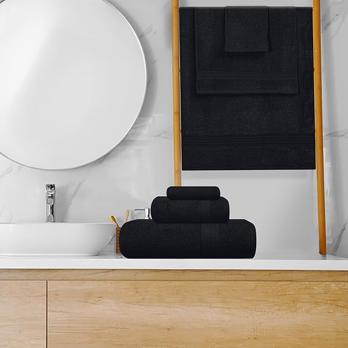 GLAMBURG Ultra Soft 8-Piece Towel Set - 100% Pure Ringspun Cotton, Contains 2 Oversized Bath Towels 27x54, 2 Hand Towels 16x28, 4 Wash Cloths 13x13 - Ideal for Everyday use, Hotel & Spa - Black