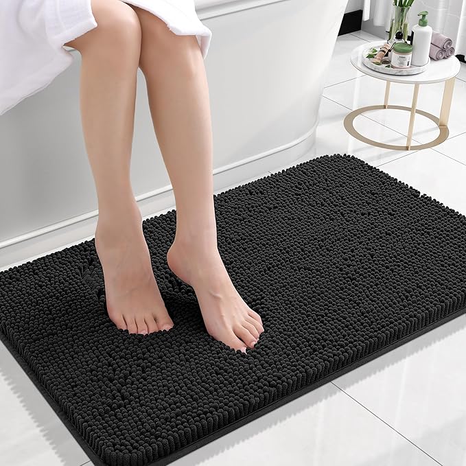 OLANLY Bathroom Rugs 24x16, Extra Soft Absorbent Chenille Bath Rugs, Rubber Backing Quick Dry, Machine Washable Bath Mats for Bathroom Floor, Tub and Shower, Home Decor Accessories, Black