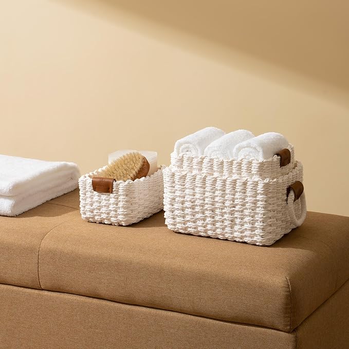 LA JOLIE MUSE Woven Storage Baskets for Organizing, Recycled Paper Rope Basket Bin Divider for Makeup Towel Shelf Cupboards Drawer Closet Dresser, Decorative White Storage Basket Set of 3