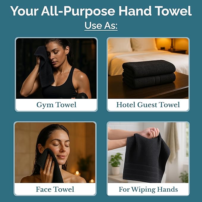 Casa Platino 6 Pack Hand Towels for Bathroom (16"x28") - Spa & Hotel Quality - 100% Cotton, Ring Spun - Quick Dry, Ultra Soft & Absorbent Black Hand Towels Set of 6 - Perfect for Everyday Use - Black