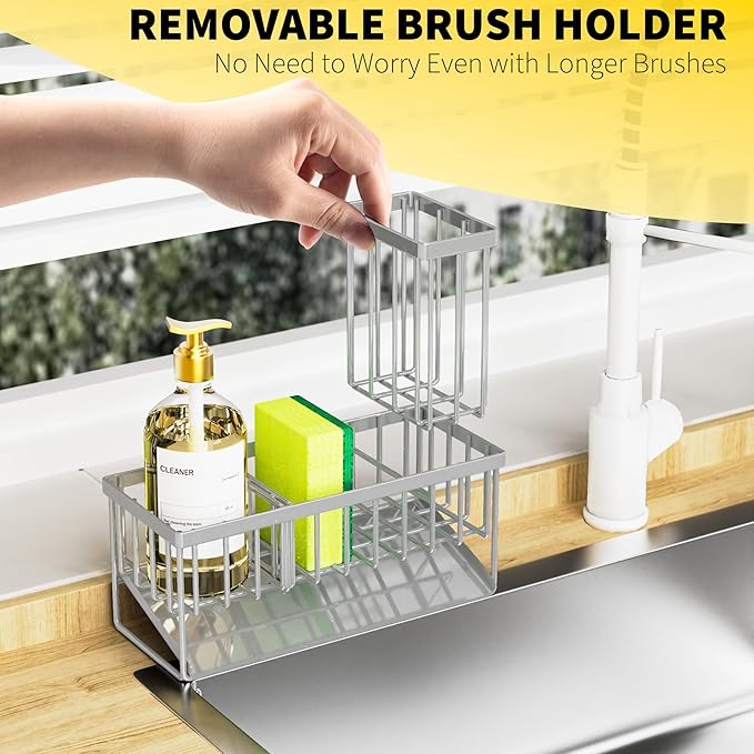 Cisily Sink Caddy Organzier with High Brush Holder, Sponge Holder for Sink, 304 Rustproof Stainless, Kitchen Countertop Soap Dispenser Organizer, Gray Kitchen Decor and Accessories