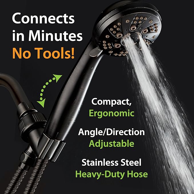 AquaDance High Pressure 6-Setting Oil Rubbed Bronze Handheld Shower Head with Stainless Steel Hose. Officially Independently Tested to Meet Strict US Quality & Performance Standards!