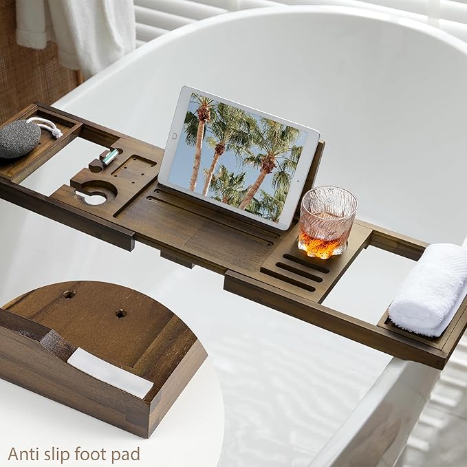 Teak Bathtub Tray | Adjustable Width Tray with Wine Holder, Tablet/Phone & Book Stand, Splash-Proof for Bath Time- Walnut