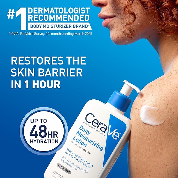 CeraVe Daily Moisturizing Lotion for Dry Skin, Body Lotion & Face Moisturizer with Hyaluronic Acid and Ceramides, Daily Moisturizer, Fragrance Free, Oil-Free, 12 Ounce