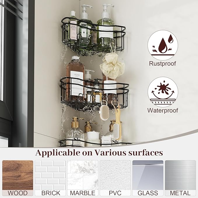 Black corner shower caddy with depth caddy and Built in 12 hooks rustproof wall mounted No drilling No marring adhesive bathtub corner storage for bathroom kitchen and laudry room