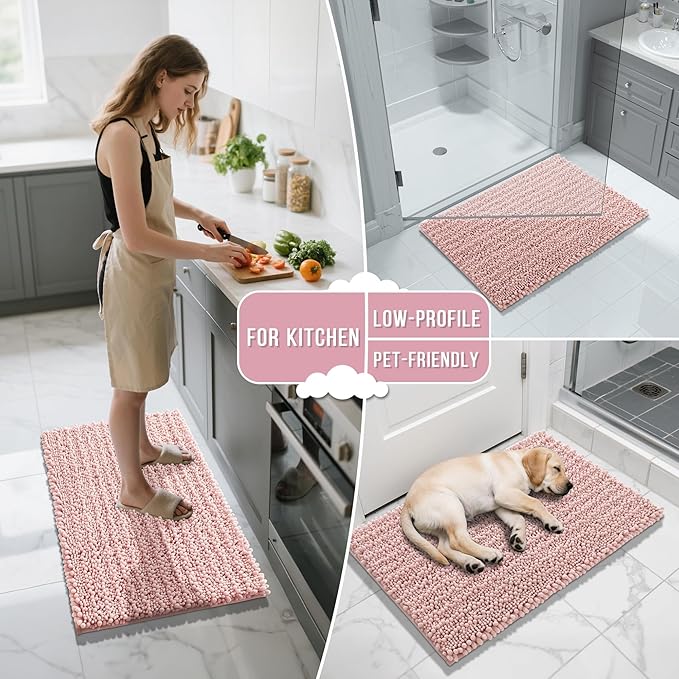 Yimobra Large Bathroom Rugs Non Slip Washable 36x24 Inch - Ultra Soft Absorbent Chenille Bath Mat, Quick Dry Shaggy Floor Carpet for Tub Shower, Light Pink Home Decor Accessories