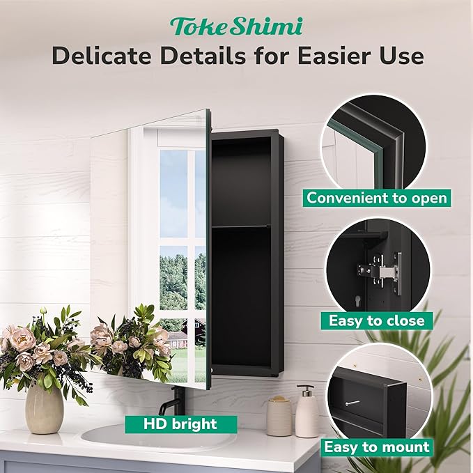 TokeShimi 14 x 18 Black Medicine Cabinet with Mirror, Aluminum Mirror Medicine Cabinet Wall Mounted or Recessed with Stepless Adjustable Amply Storage Metal for Modern Farmhouse
