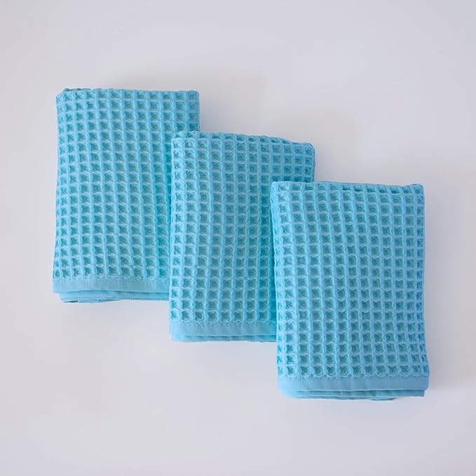 PÜSKÜL Organic Waffle Kitchen Towel 100% Turkish Cotton Set of 3 Turquoise - Premium Quality, Soft, Quick-Dry, Absorbent, Lint-Free Hand Towels 32X16 Inches (3, Turquoise)
